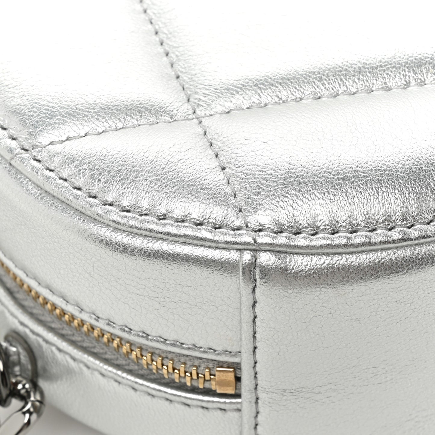 Metallic Lambskin Quilted Chanel 19 Round Clutch With Chain Silver
