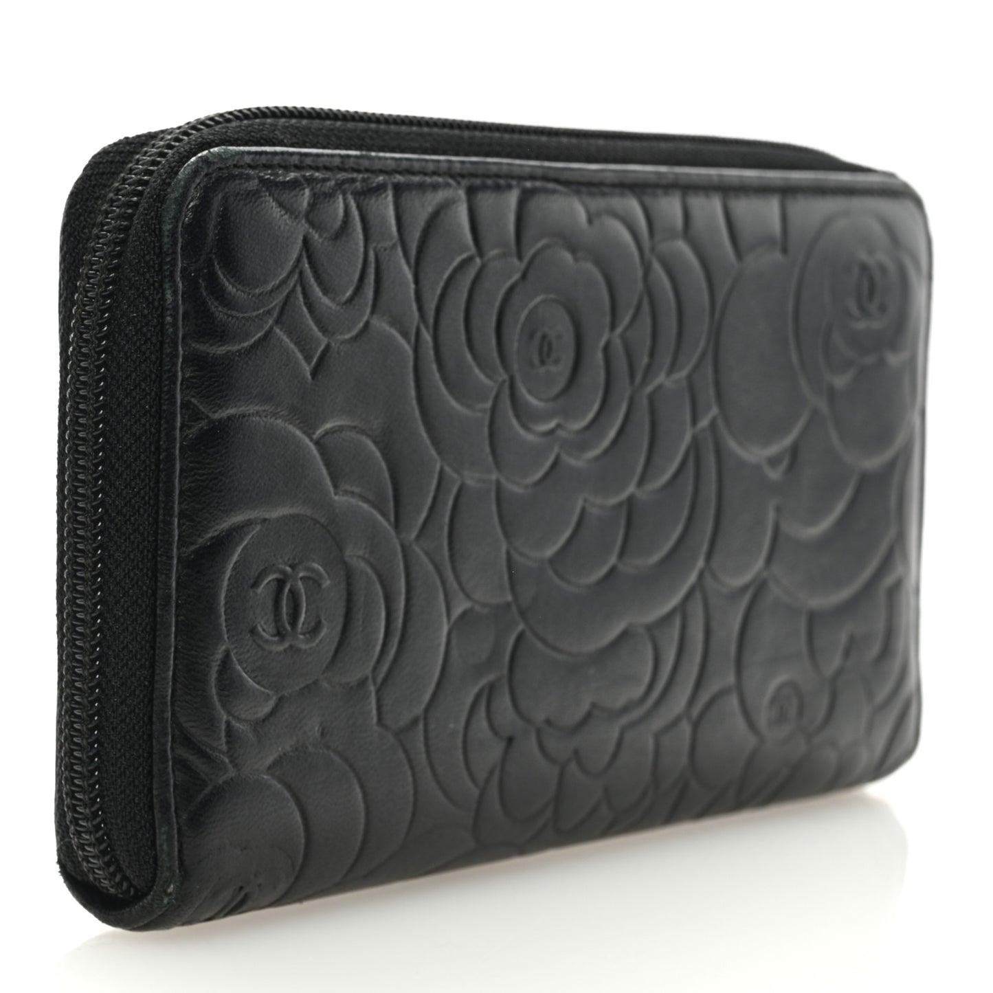 Lambskin Camellia Embossed Large Zip Around Gusset Wallet Black