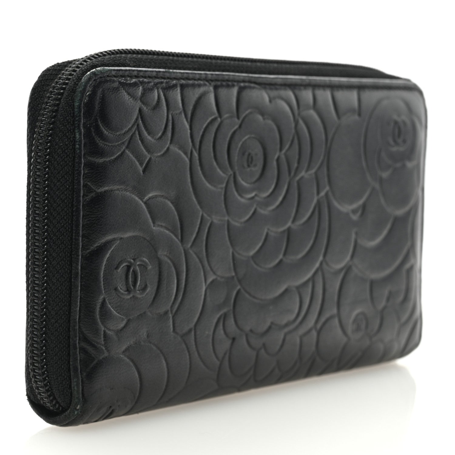 Chanel Lambskin Camellia Embossed Large Zip Around Gusset Wallet Black 2 of 7