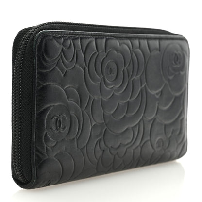 Chanel Lambskin Camellia Embossed Large Zip Around Gusset Wallet Black 2 of 7