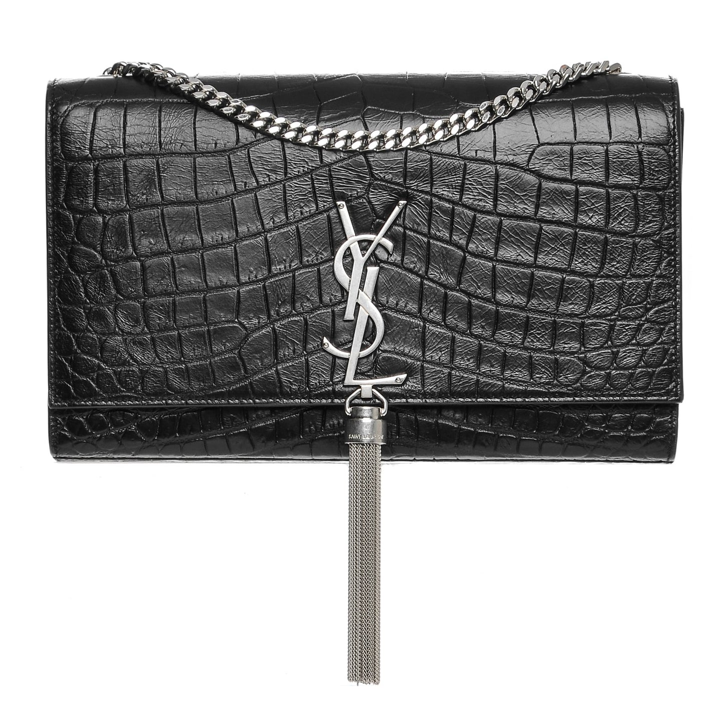 Calfskin Crocodile Embossed Medium Classic Monogram Kate Tassel Satchel Black