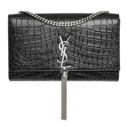 Saint Laurent Calfskin Crocodile Embossed Medium Classic Monogram Kate Tassel Satchel Black 1 of 6