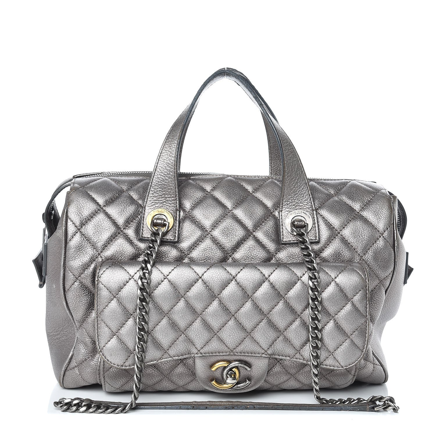 Chanel Metallic Grained Calfskin Quilted Large Casual Pocket Bowling Bag Silver 1 of 16