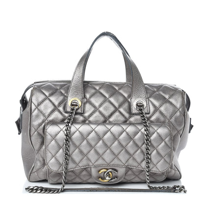 Chanel Metallic Grained Calfskin Quilted Large Casual Pocket Bowling Bag Silver 1 of 16