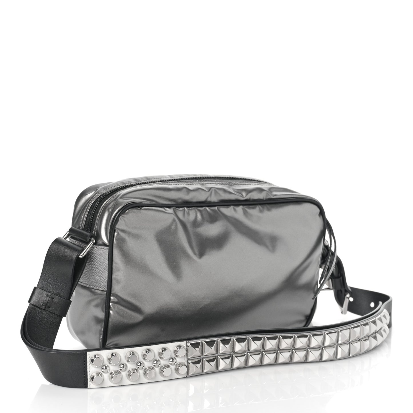 Metallic Tessuto Nylon Metal Studded Shoulder Bag Ferro Black
