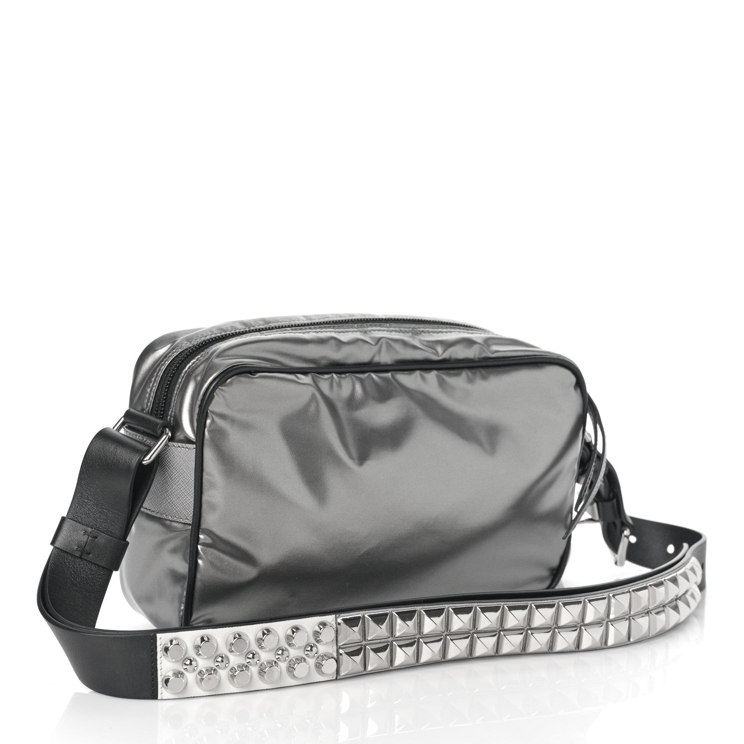Prada Metallic Tessuto Nylon Metal Studded Shoulder Bag Ferro Black 2 of 7