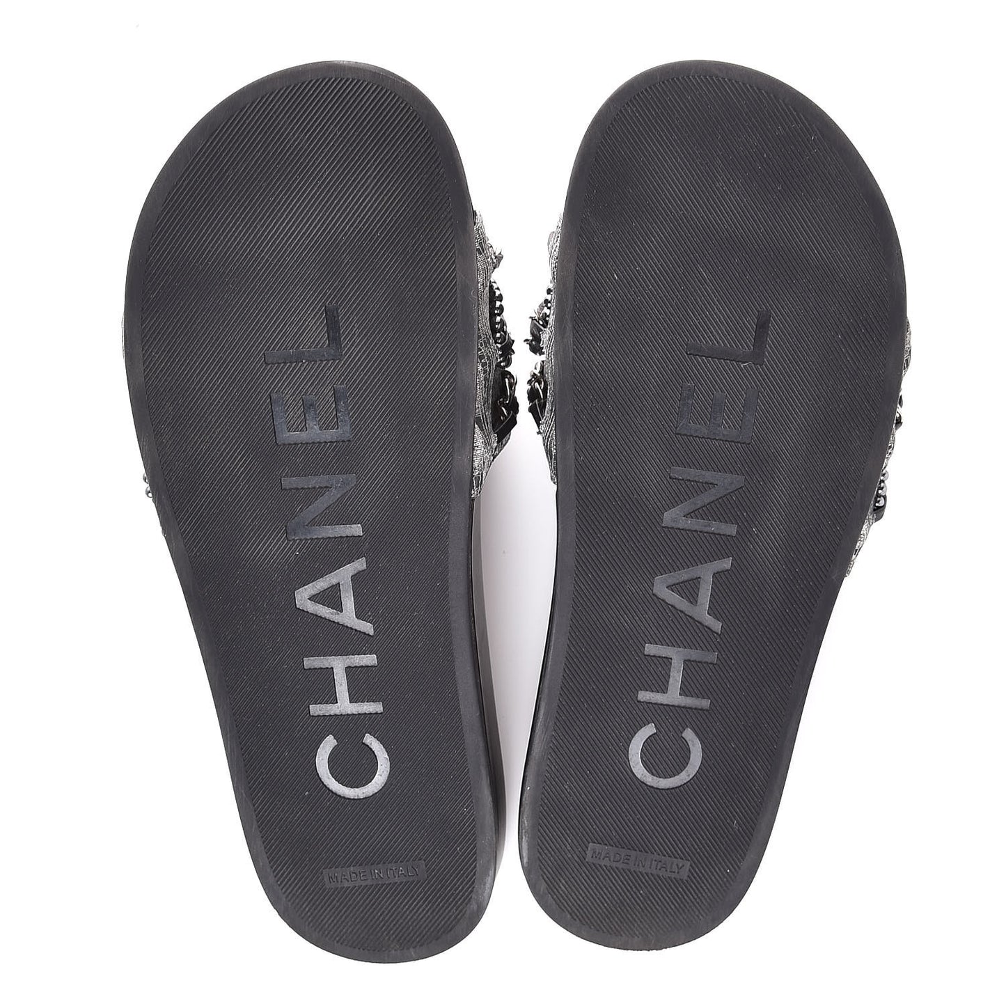 Fantasy Lambskin Pearl Chain Flat Sandals 38 Silver Black
