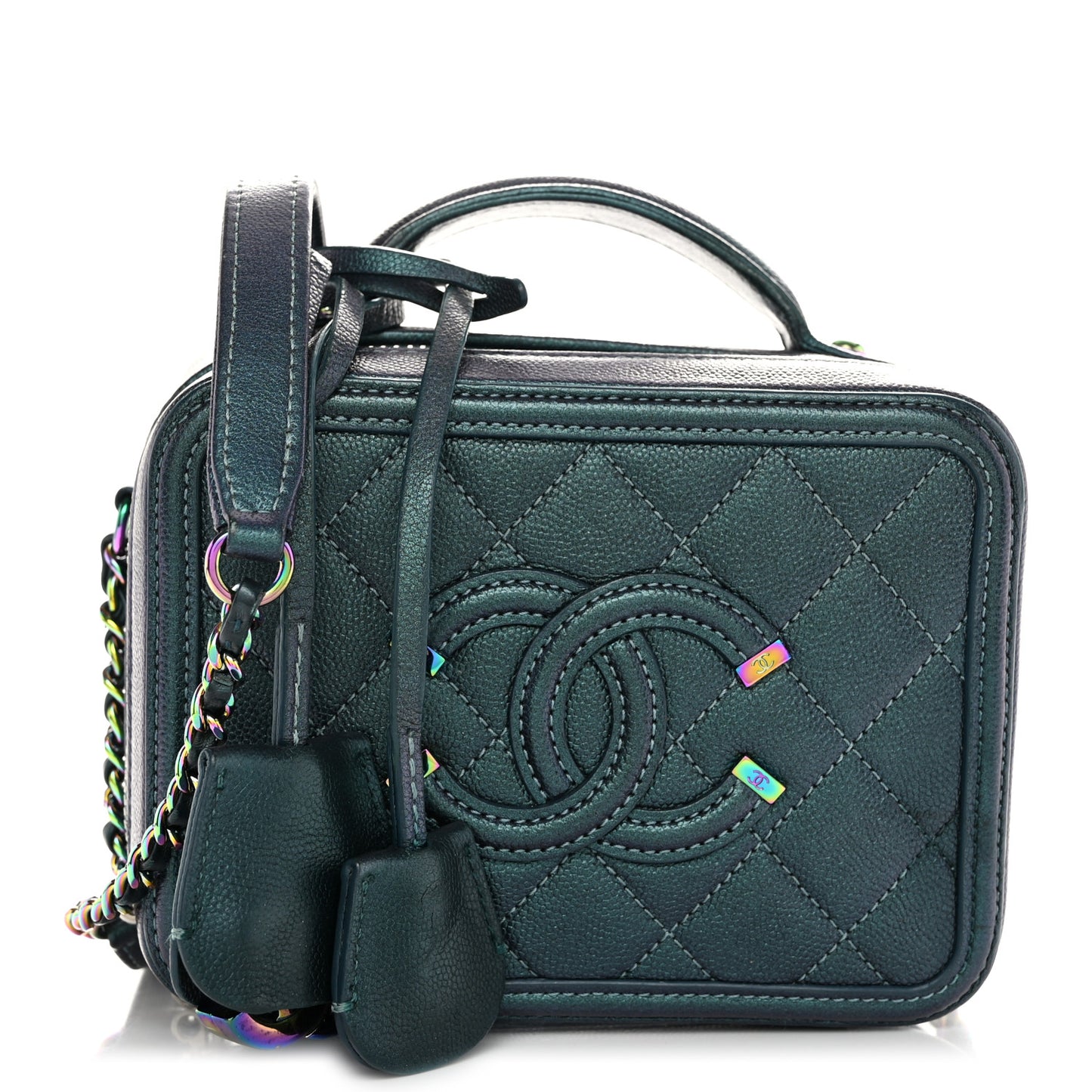 Iridescent Caviar Quilted Small CC Filigree Vanity Case Dark Turquoise
