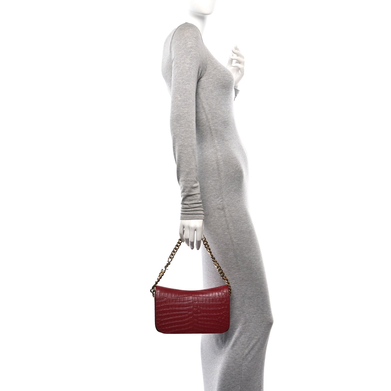 Saint Laurent Calfskin Crocodile Embossed Elise Chain Shoulder Bag Red 2 of 11