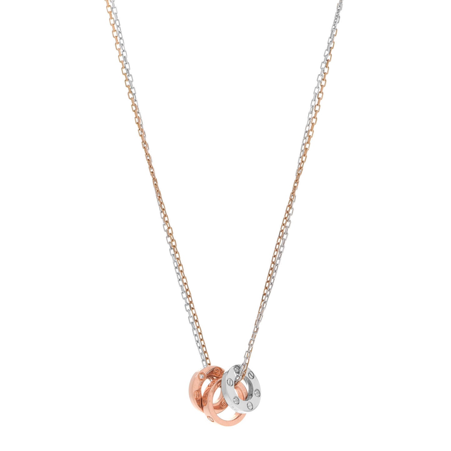 18K White Pink Gold Diamond Three Ring LOVE Pendant Necklace