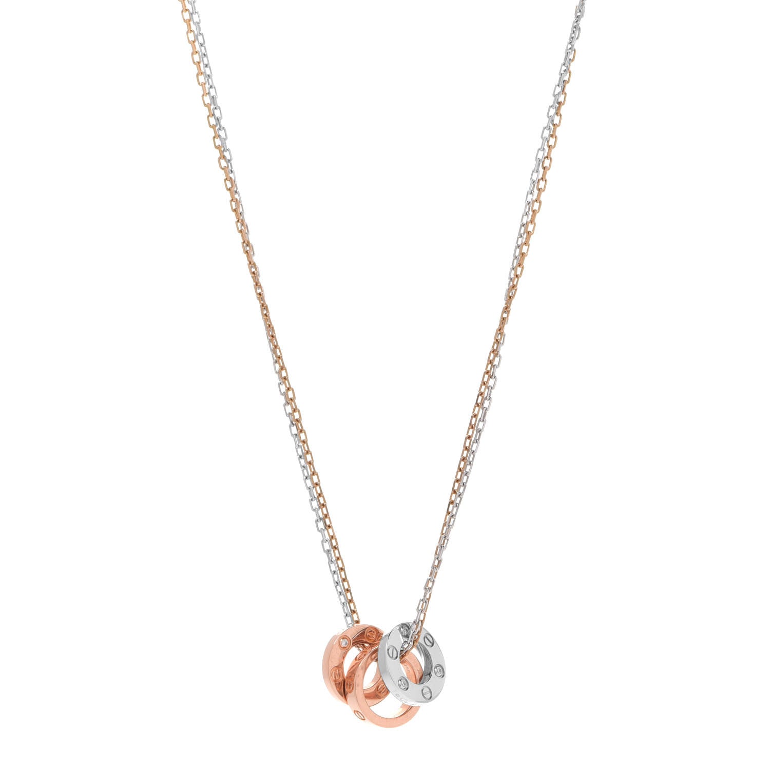 Cartier 18K White Pink Gold Diamond Three Ring LOVE Pendant Necklace 1 of 7