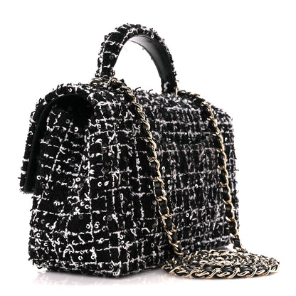 Chanel Tweed Quilted Mini Top Handle Rectangular Flap Black White 3 of 13