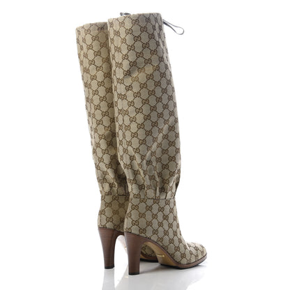 Gucci Monogram Lisa Mid Heel Boots 37.5 Beige Ebony 4 of 9