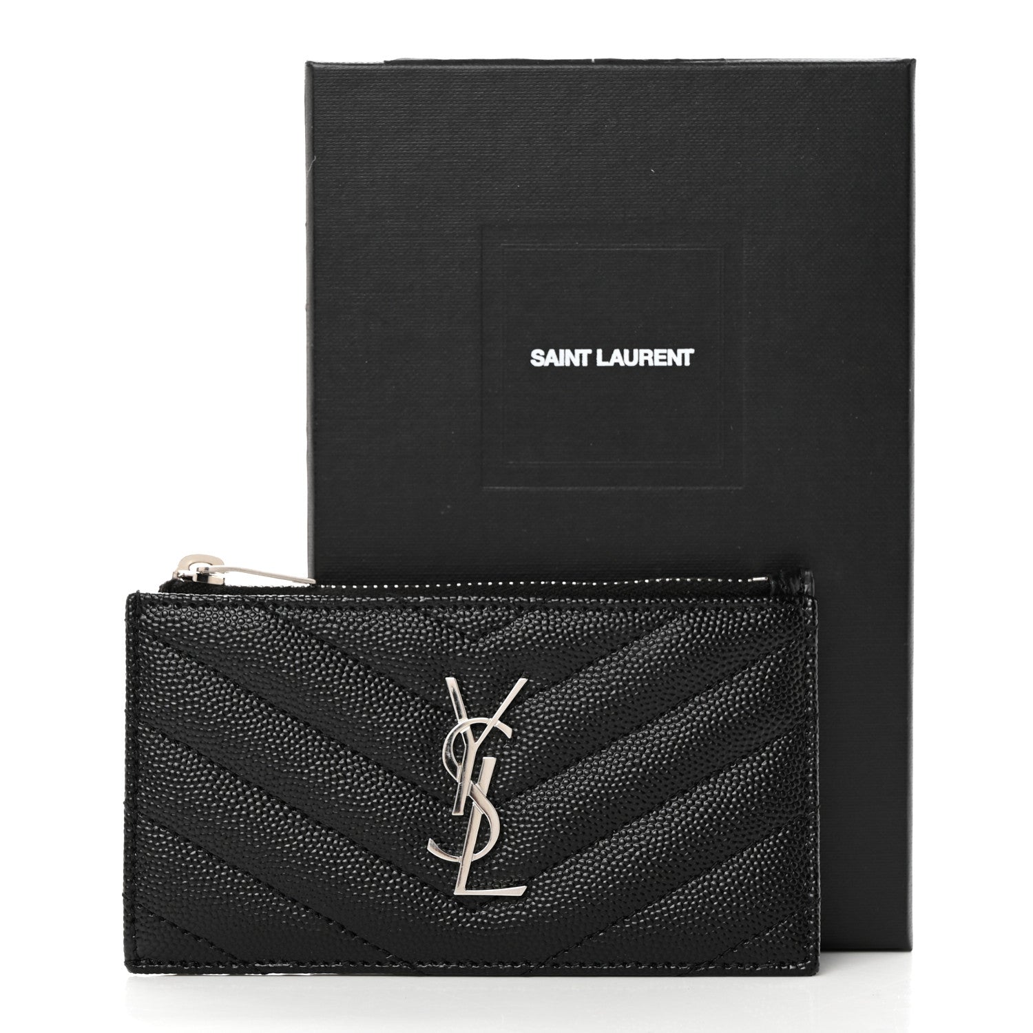 Saint Laurent Grain De Poudre Matelasse Chevron Monogram Fragments Zippered Card Case Black 8 of 8