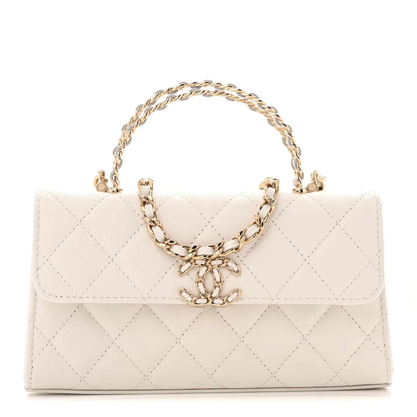 Caviar Quilted Chain Match Top Handle Phone Holder With Chain White