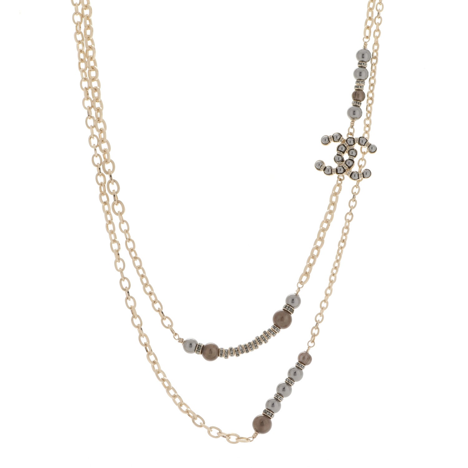 Chanel Pearl Crystal Nefertiti CC Long Necklace Gold Grey 1 of 5