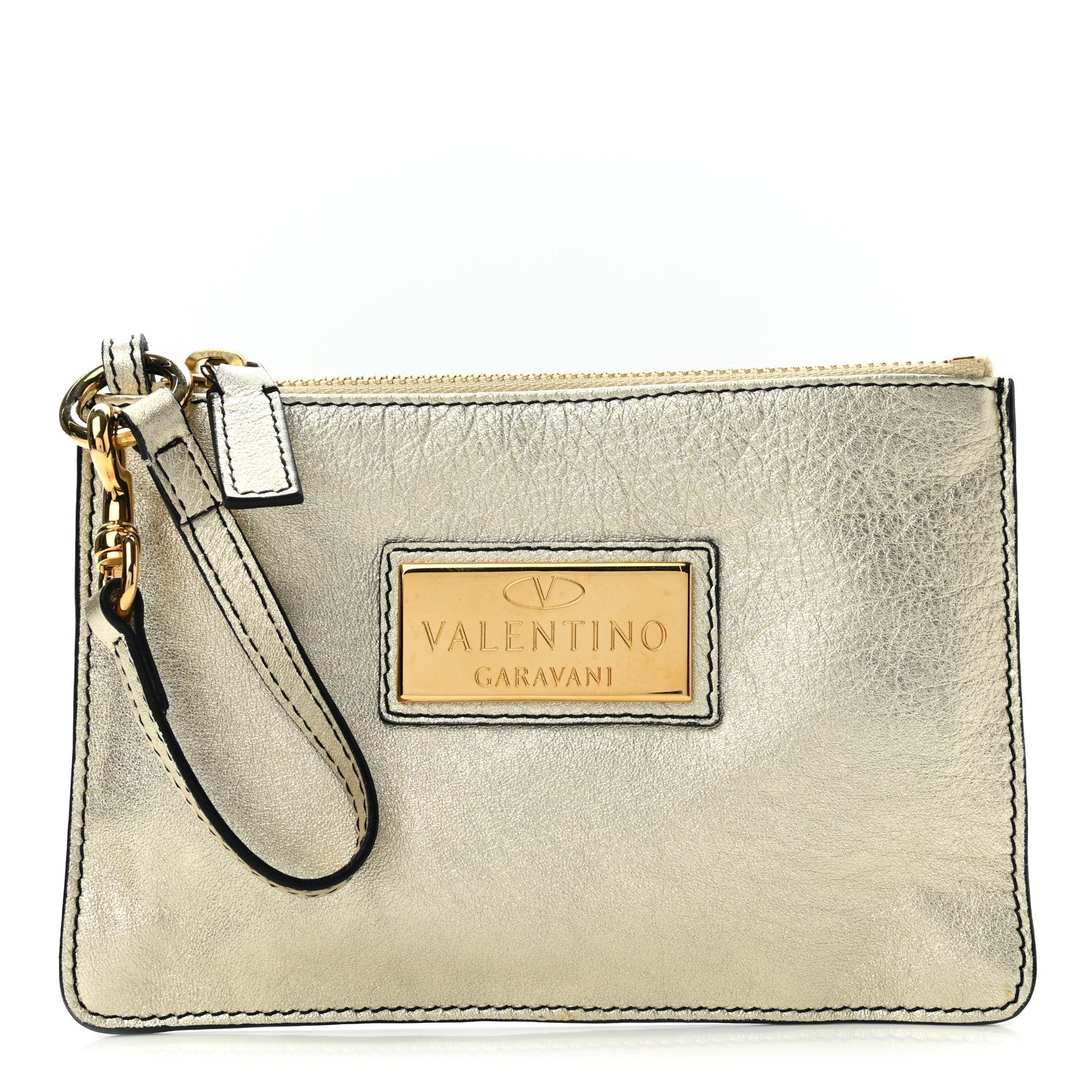 Valentino Garavani Metallic Calfskin Zip Wristlet Pouch Gold 1 of 7
