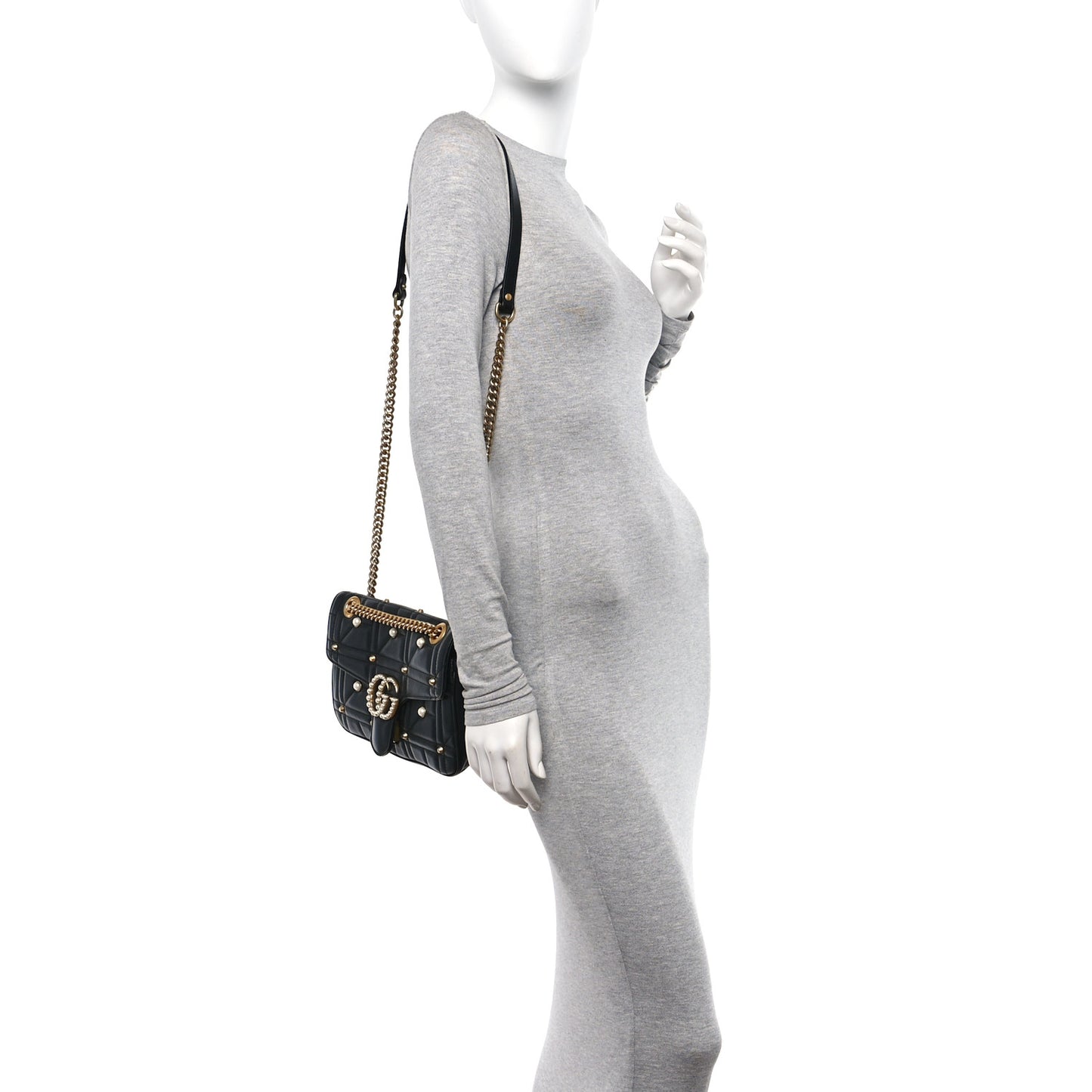 Calfskin Matelasse Studded Small Pearly GG Marmont Shoulder Bag Black