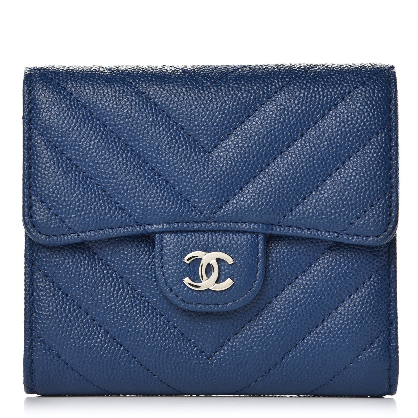 Caviar Chevron Quilted Compact Flap Wallet Navy