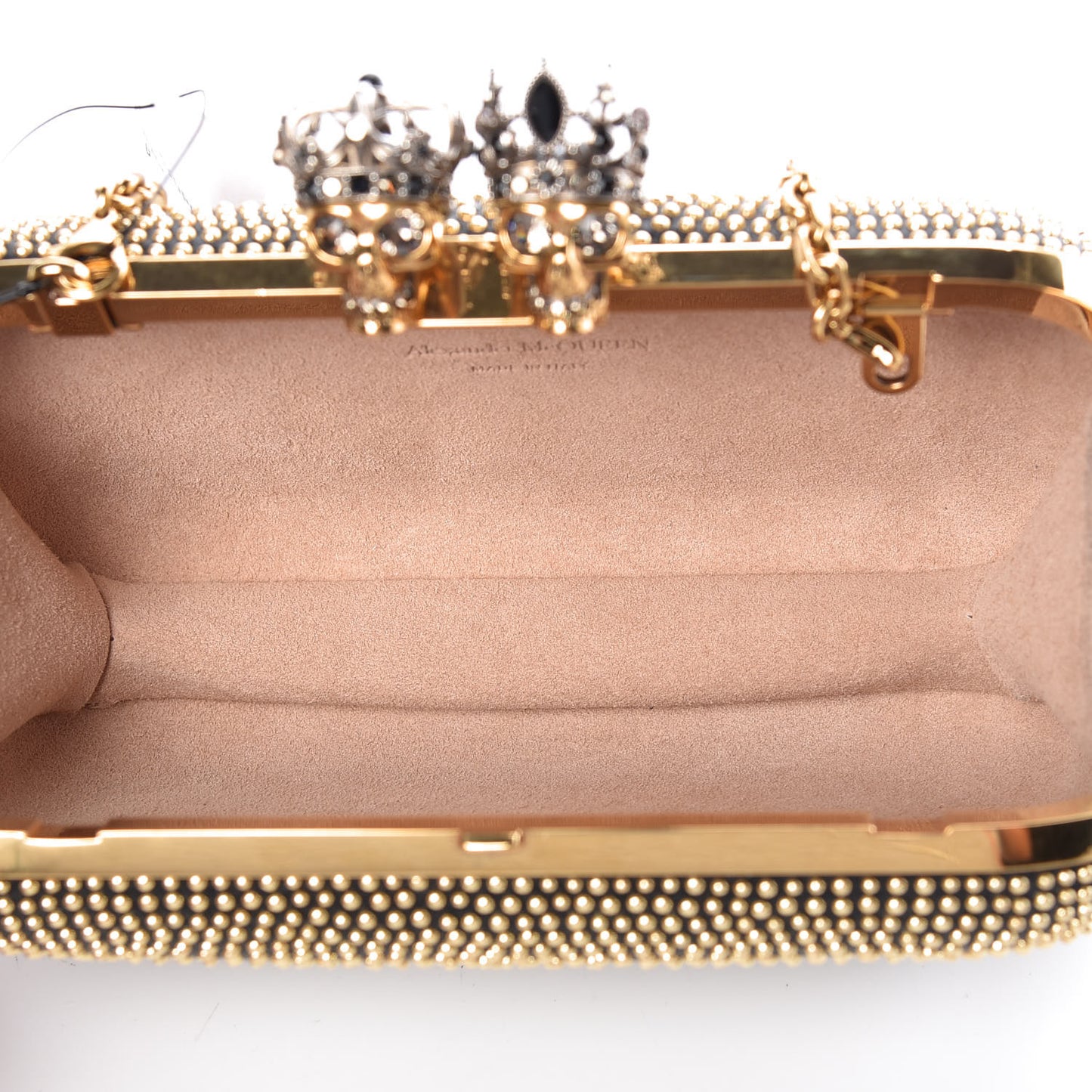 Crystal Nappa Queen and King Skull Box Chain Clutch Black Gold
