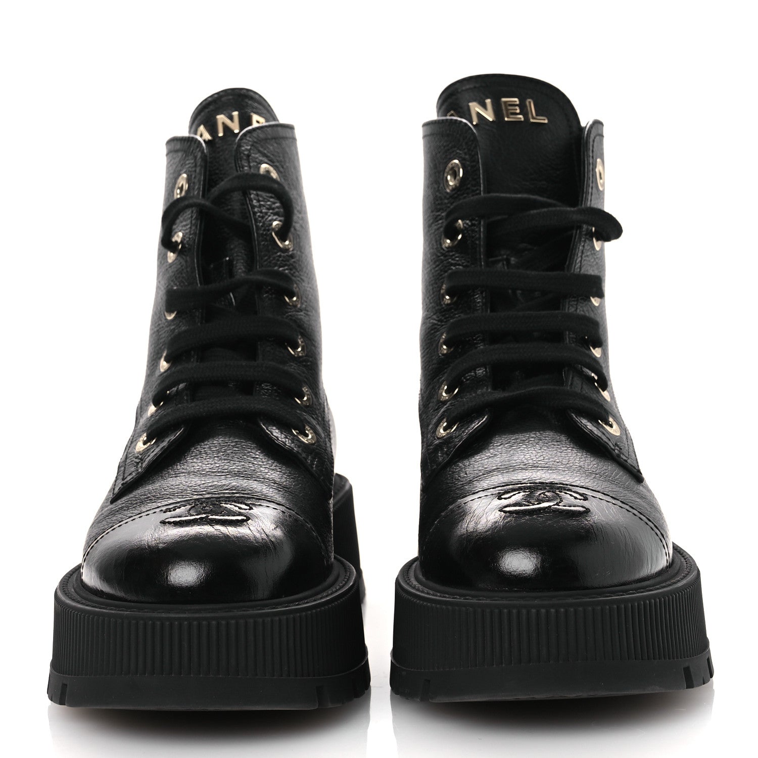 Chanel Grained Calfskin Shiny Calfskin CC Lace Up Combat Boots