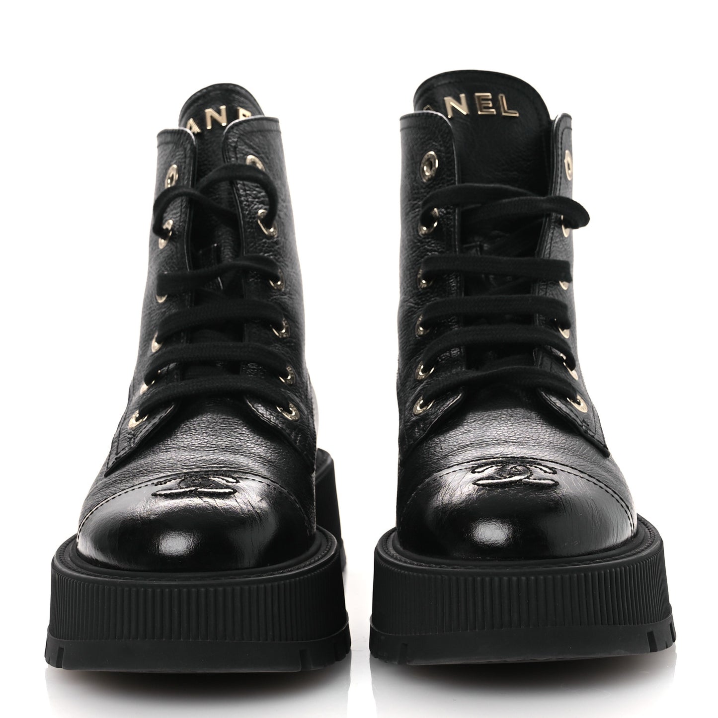 Grained Calfskin Shiny Calfskin CC Lace Up Combat Boots 38.5 Black
