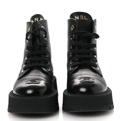 Chanel Grained Calfskin Shiny Calfskin CC Lace Up Combat Boots 38.5 Black 3 of 11