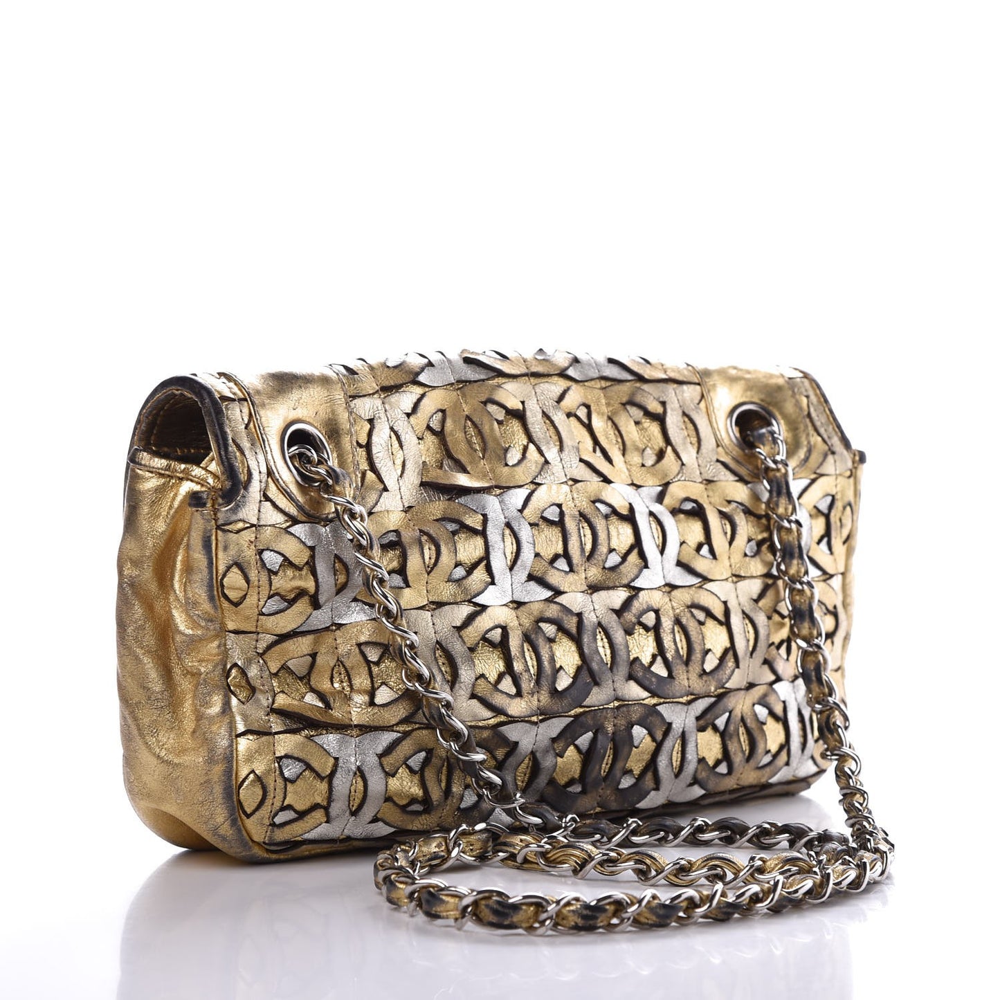 Metallic Crackled Calfskin Medium CC Mix Flap Gold Silver