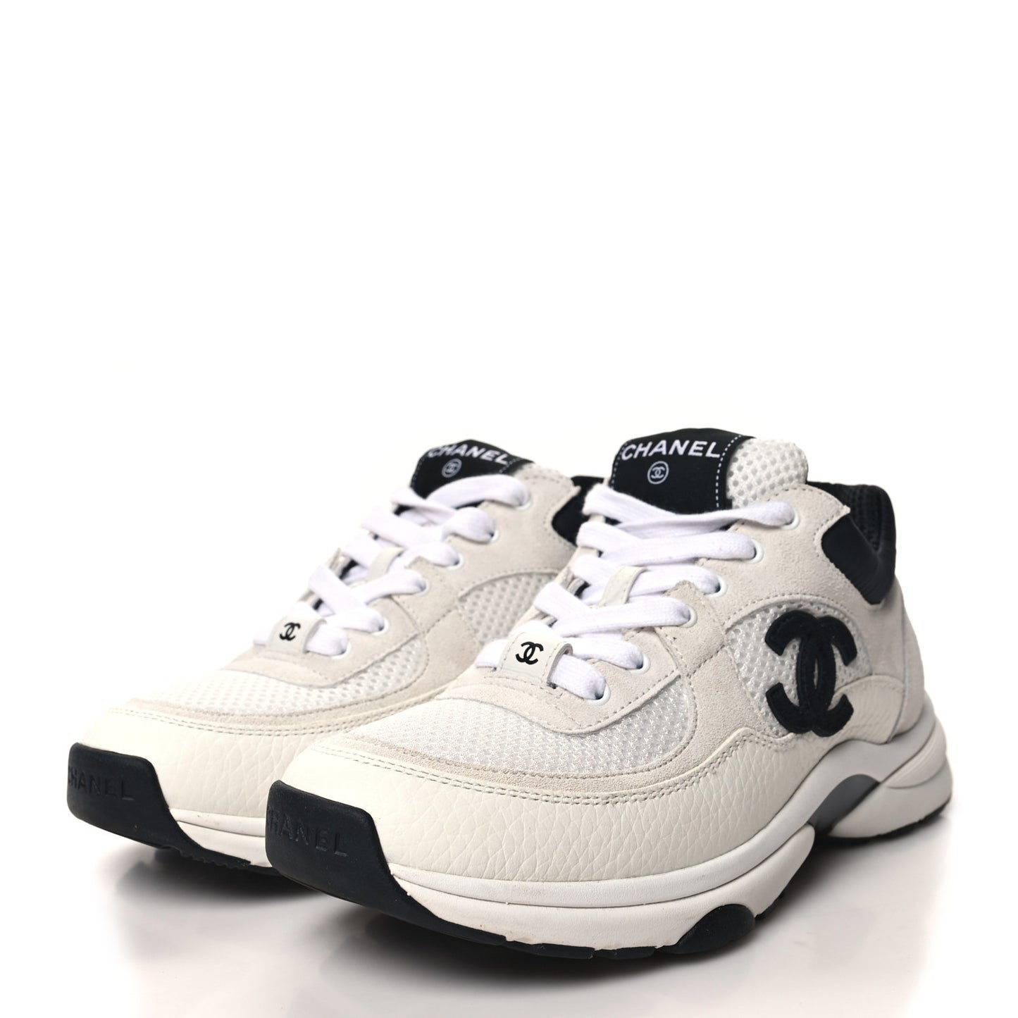 Mesh Suede Calfskin Grained Calfskin Womens CC Sneakers 37 White Black