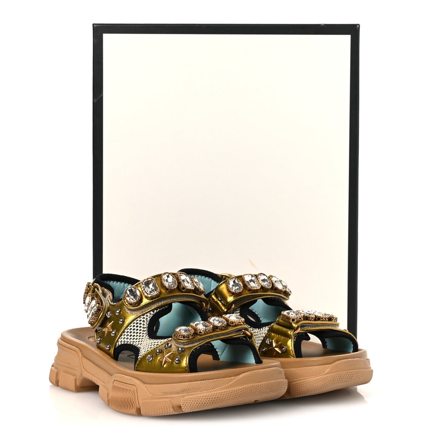 Silk Calfskin Mesh Crystal Embellished Studded Womens Aguru Sandals 38.5 Gold