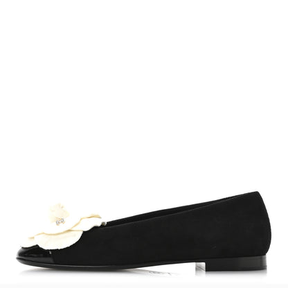 Chanel Suede Patent Cap Toe Camellia Ballerina Flats 37 Black White 1 of 8