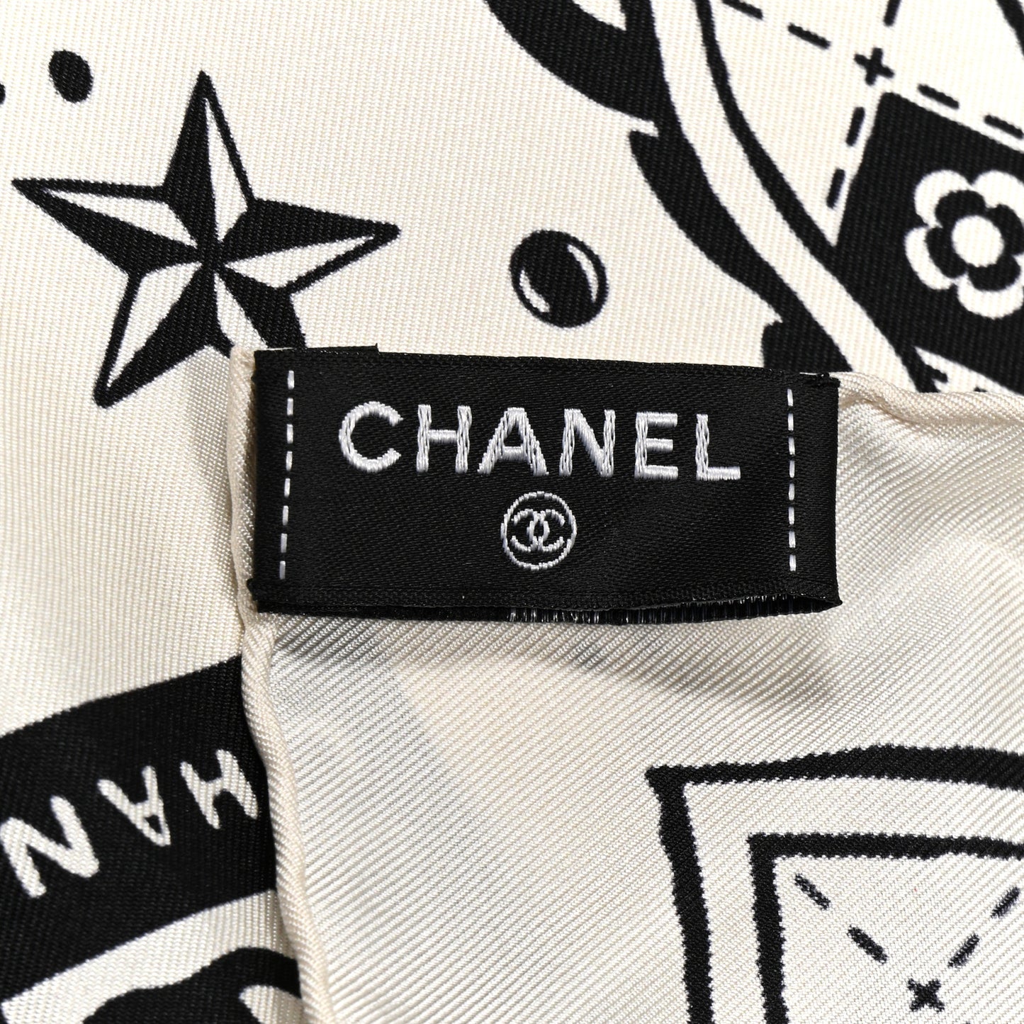 Silk Twill Square Scarf Hair Tie Ecru Black