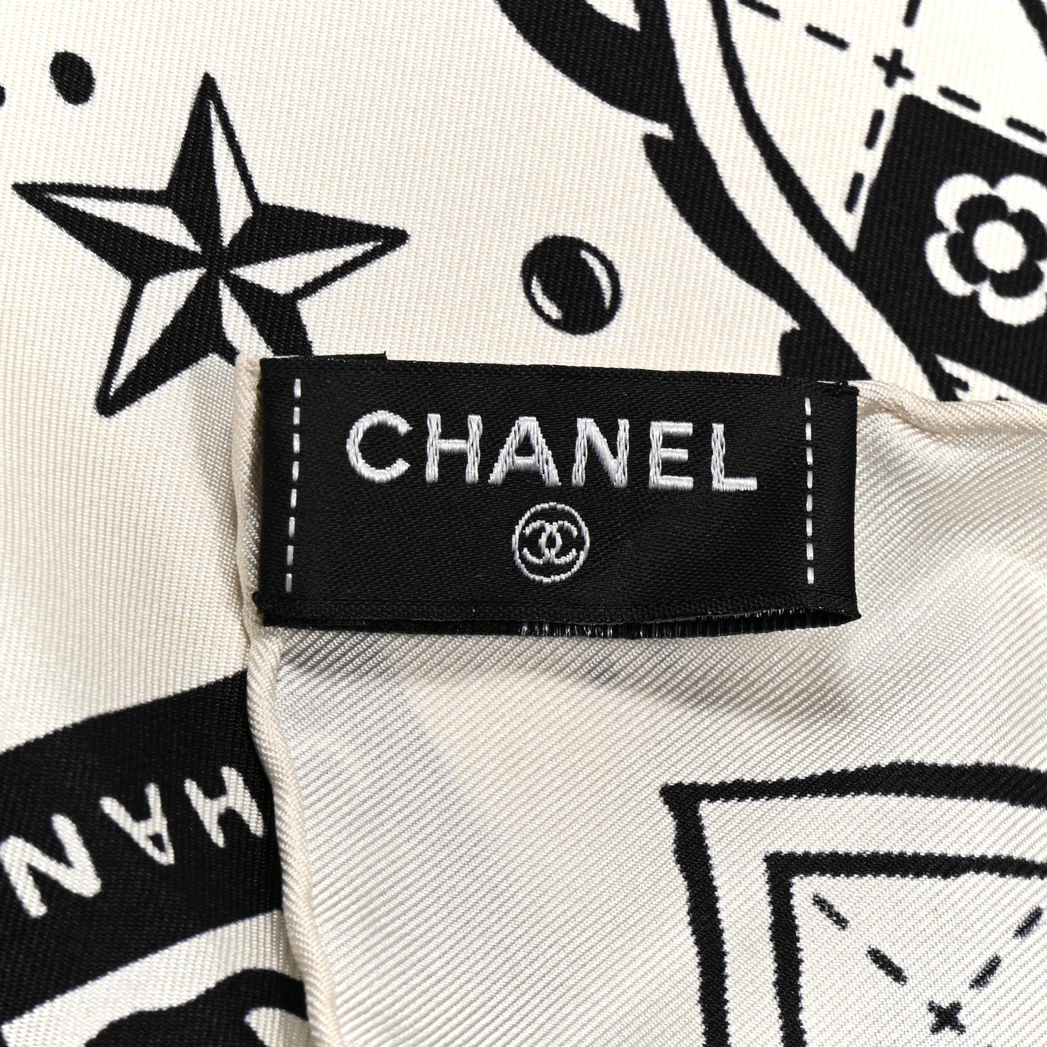 Chanel Silk Twill Square Scarf Hair Tie Ecru Black 5 of 8