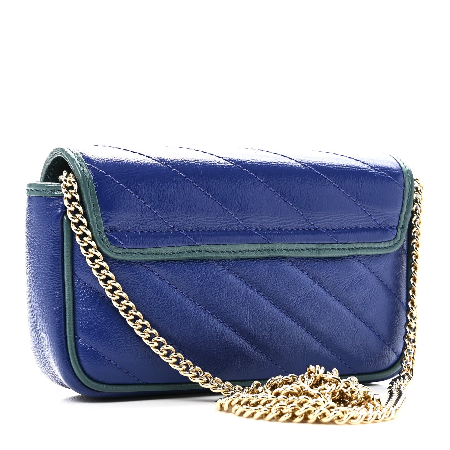 Azalea Calfskin Enamel Matelasse Diagonal Super Mini Torchon GG Marmont Shoulder Bag Imperial Blue Pavone