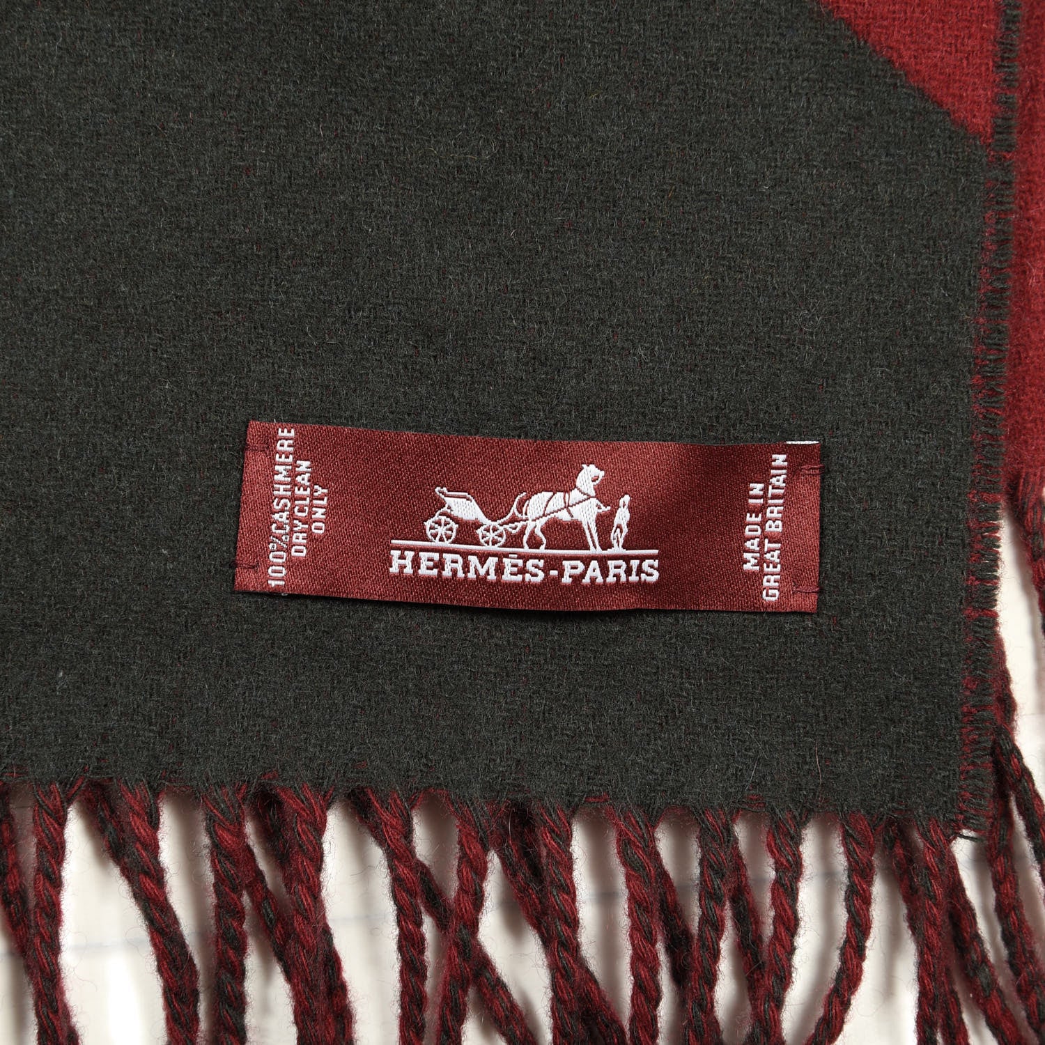 Hermes Cashmere Fringe Scarf Red Grey 3 of 4