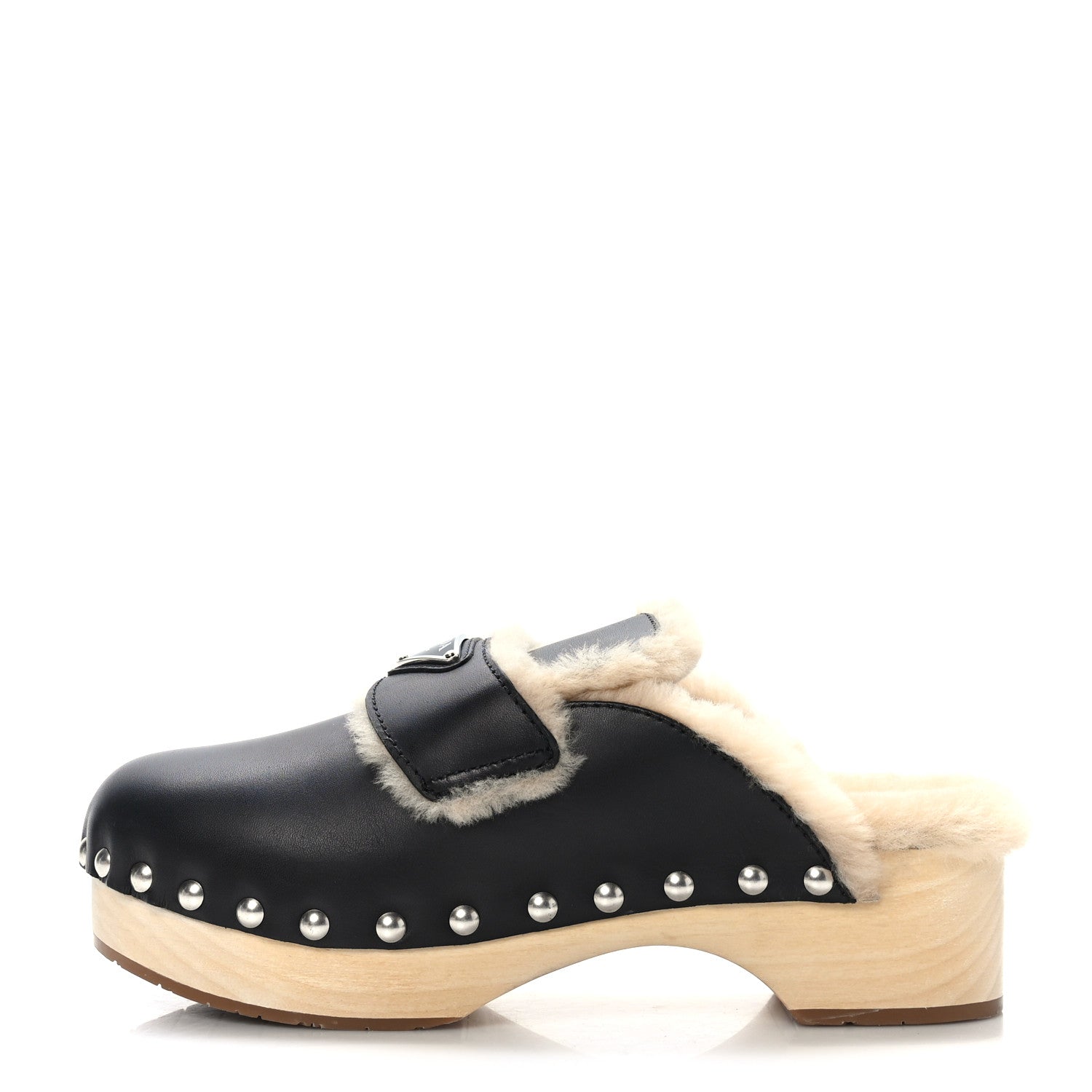 Prada Natural Calfskin Shearling Metal Triangle Logo 45mm Clogs 39 Black Sabbia 1 of 8