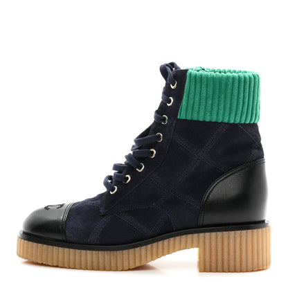 Chanel Suede Calfskin Velvet Quilted CC Combat Boots 39 Navy Green Black 1 of 10