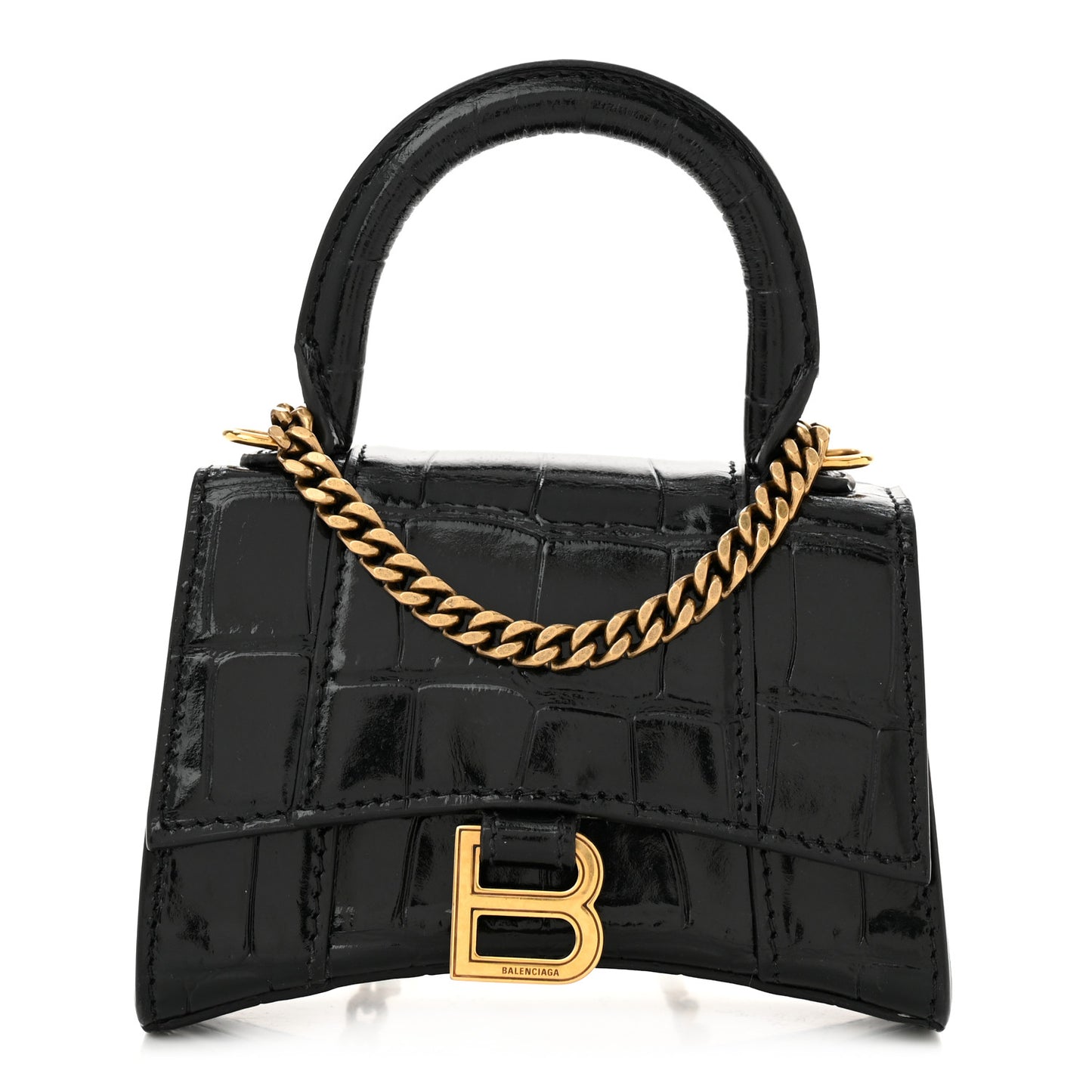 Shiny Calfskin Crocodile Embossed Hourglass Top Handle Bag Mini with Chain Black