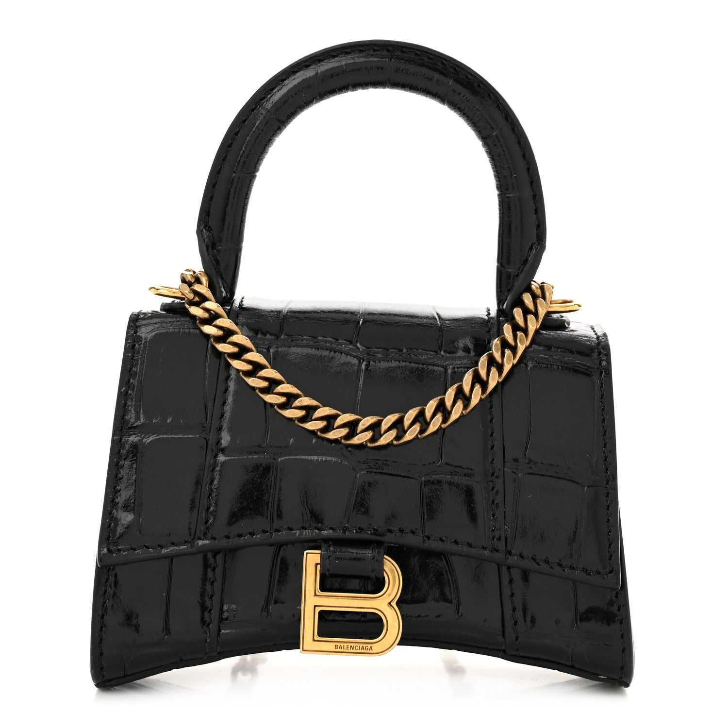 Balenciaga Shiny Calfskin Crocodile Embossed Hourglass Top Handle Bag Mini with Chain Black 1 of 9