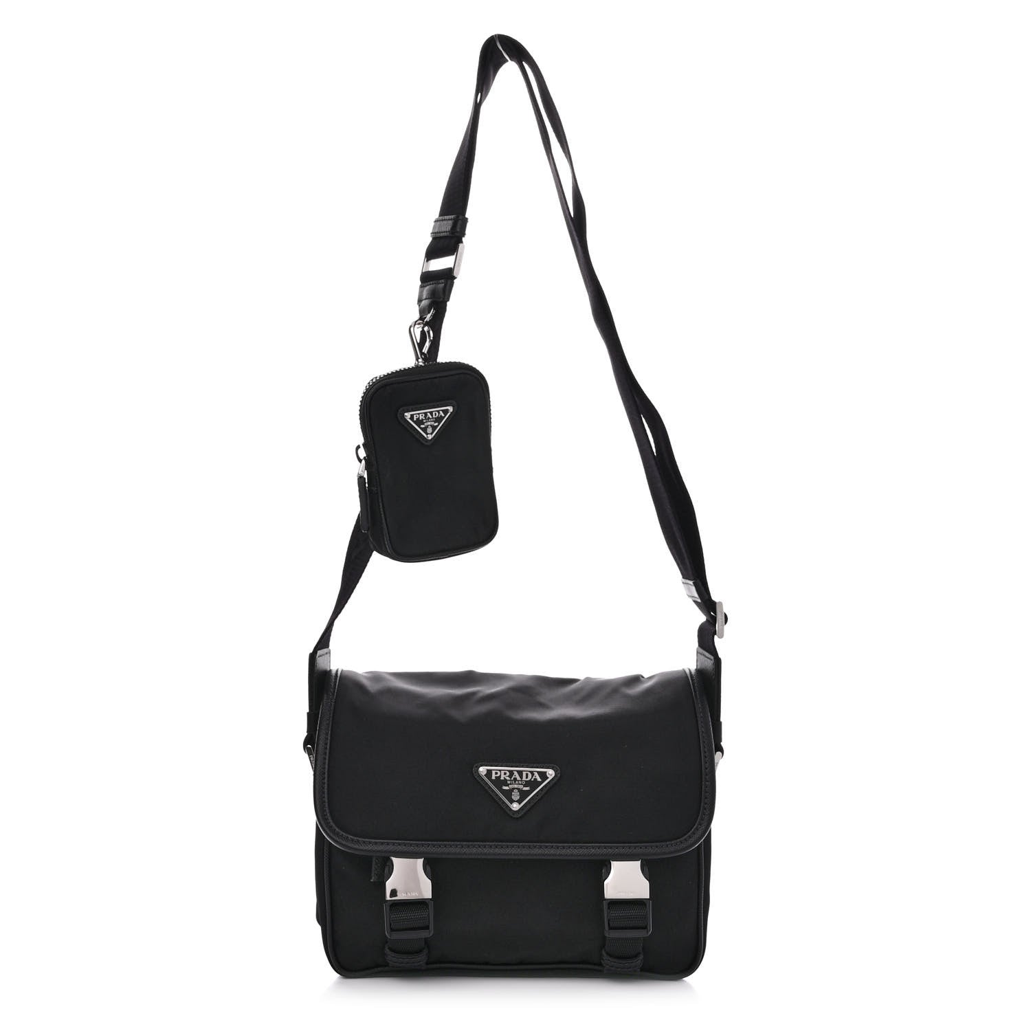 Prada Re-Nylon Saffiano Pocket Double Snap Buckle Shoulder Bag Black 1 of 12