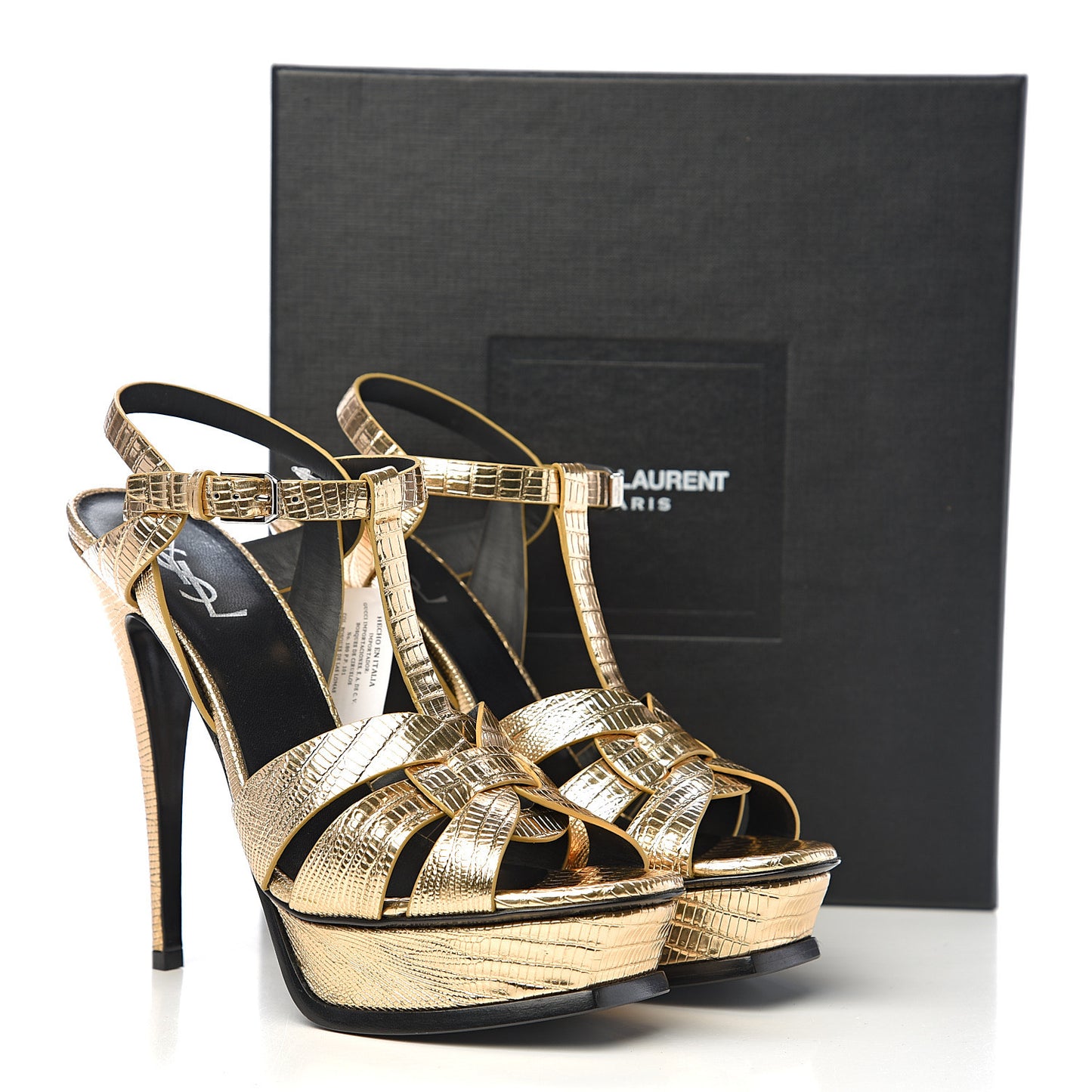 Metallic Calfskin Lizard Embossed Tribute 105 Platform Sandals 40.5 Gold