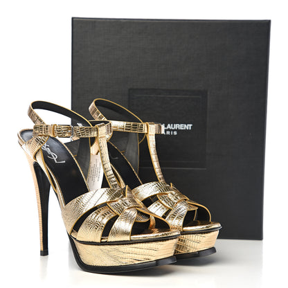 Saint Laurent Metallic Calfskin Lizard Embossed Tribute 105 Platform Sandals 40.5 Gold 8 of 8