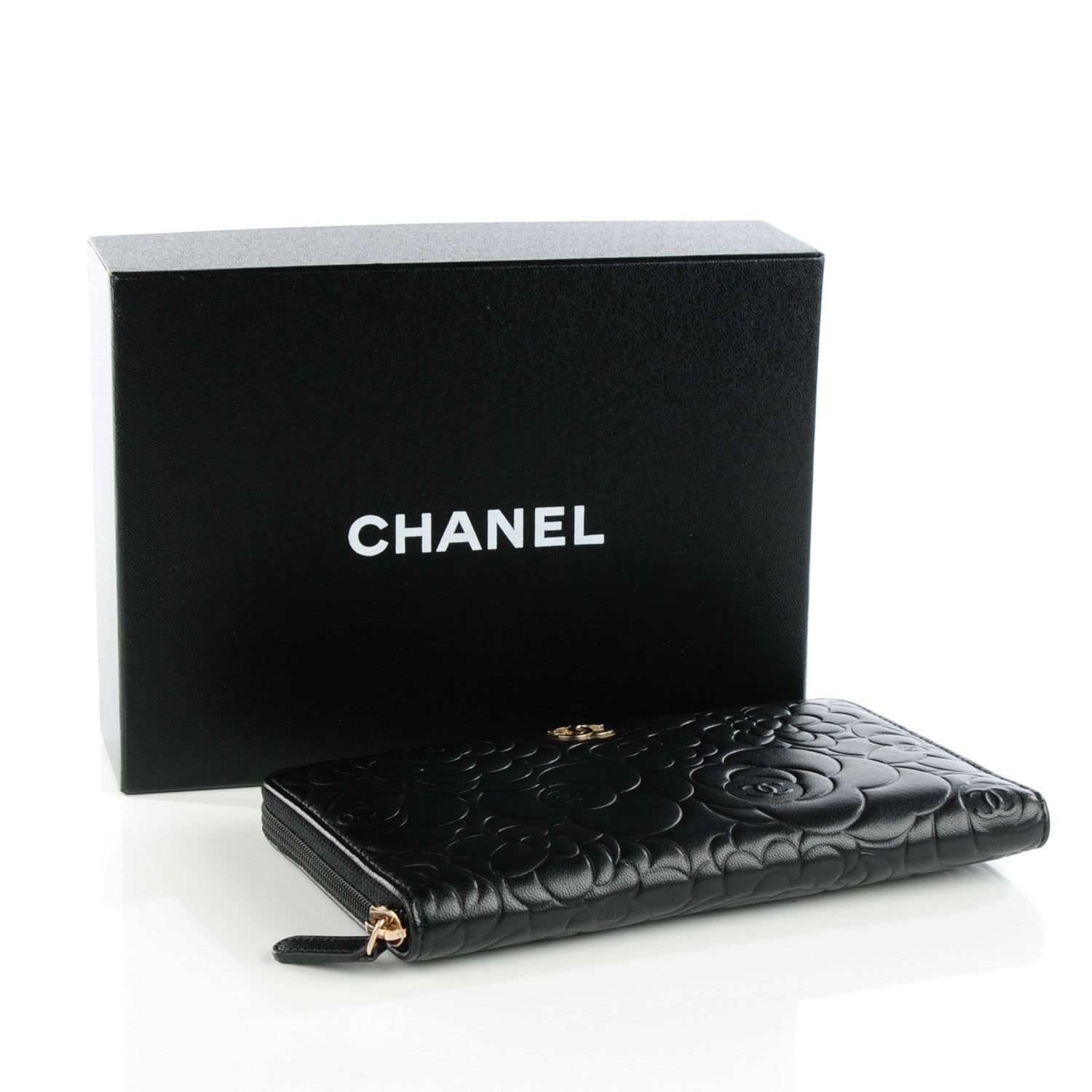 Chanel Lambskin Camellia Embossed Large Zip Around Gusset Wallet Black 4 of 8