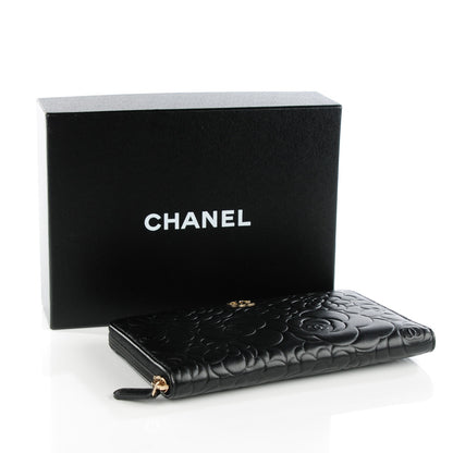 Chanel Lambskin Camellia Embossed Large Zip Around Gusset Wallet Black 4 of 8