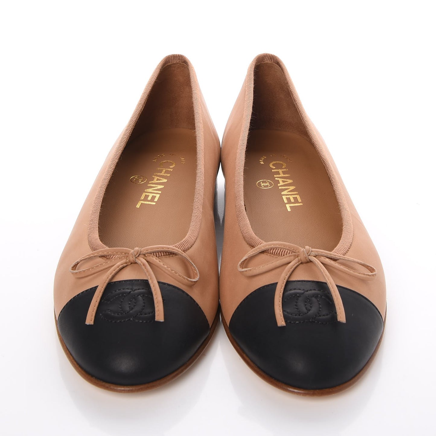 Lambskin Cap Toe Ballerina Flats 38.5 Beige Black