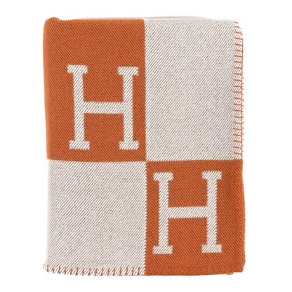 Hermes Wool Cashmere Signature Classic Avalon Blanket Ecru Potiron 1 of 3