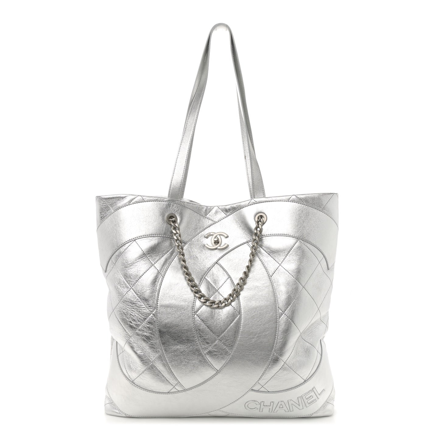 Metallic Calfskin Stitched CC Shopper Tote Silvery