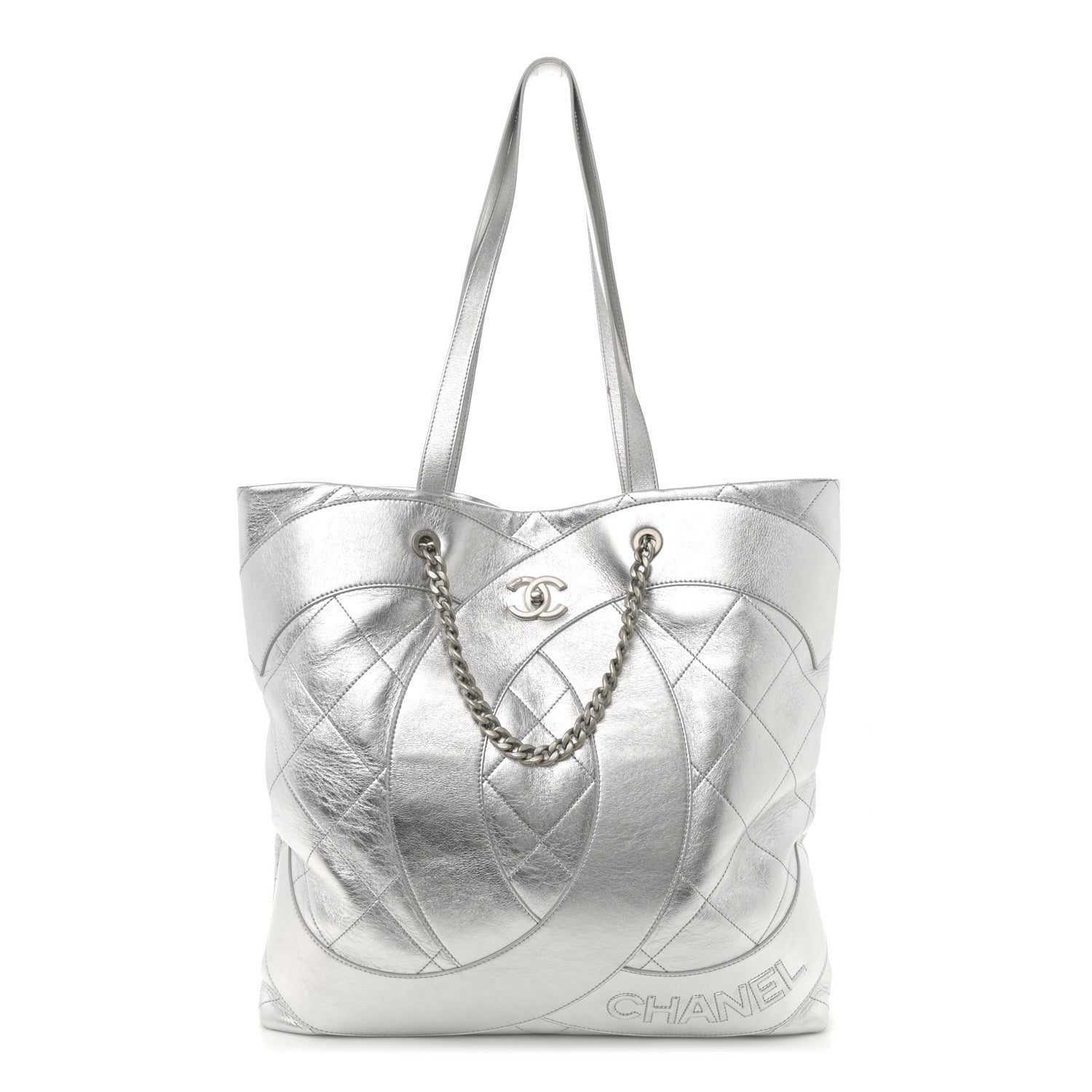 Chanel Metallic Calfskin Stitched CC Shopper Tote Silvery 1 of 11