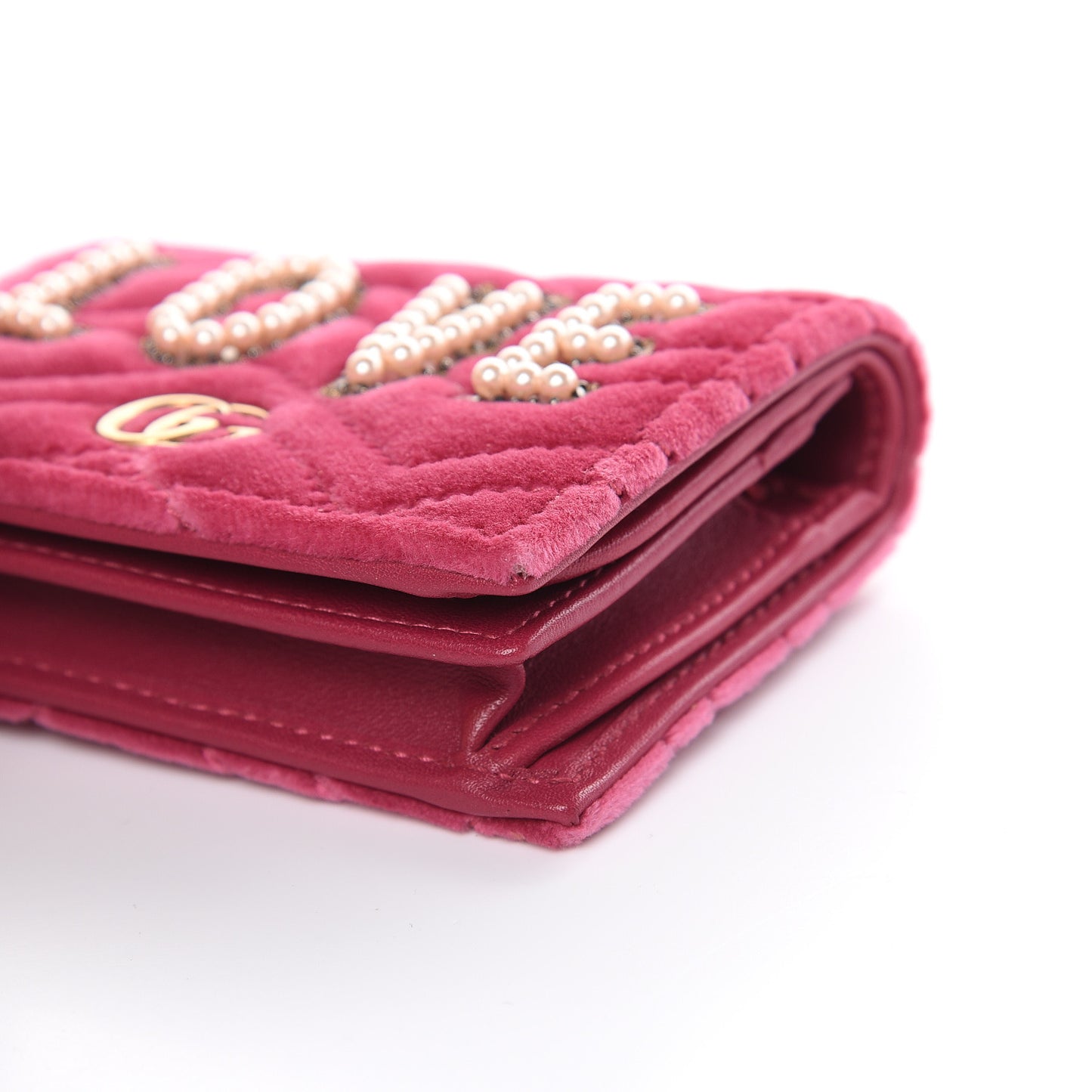 Velvet Matelasse Pearl Love Embroidered GG Marmont Card Case Wallet Light Raspberry Rose
