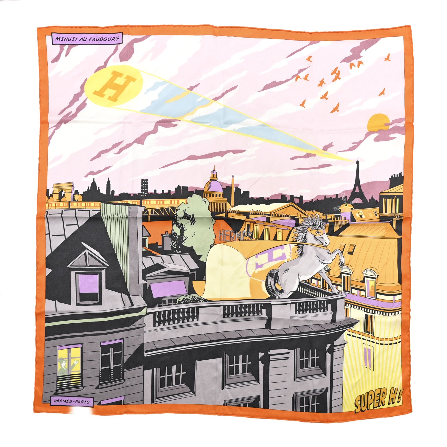 Hermes Silk Minuit Au Faubourg Scarf 70 Orange Gris Jaune 1 of 8